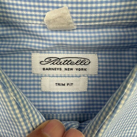 PIATTELLI Barneys New York Shirt Mens 15.5 Blue Gingham Long Sleeve Button Trim - Picture 6 of 10